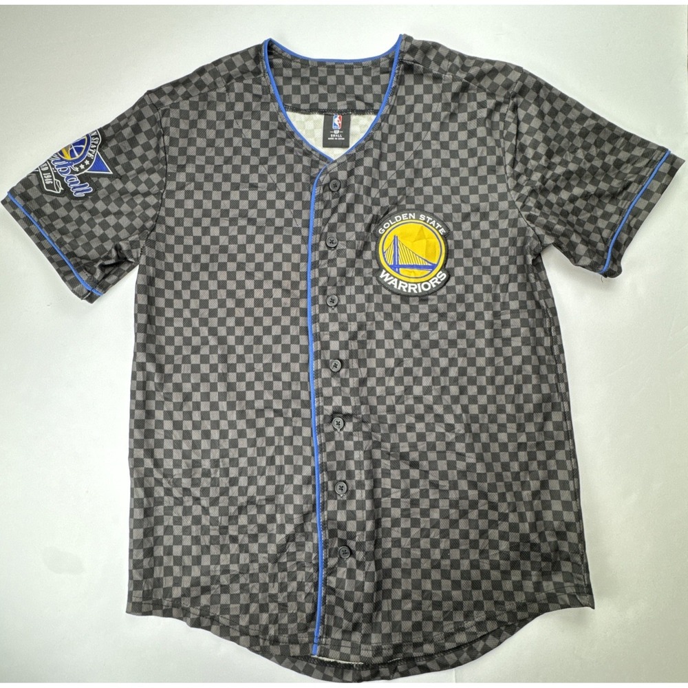 NBA Golden State Warriors Checkered Baseball Jersey Small Grey Black Button Up